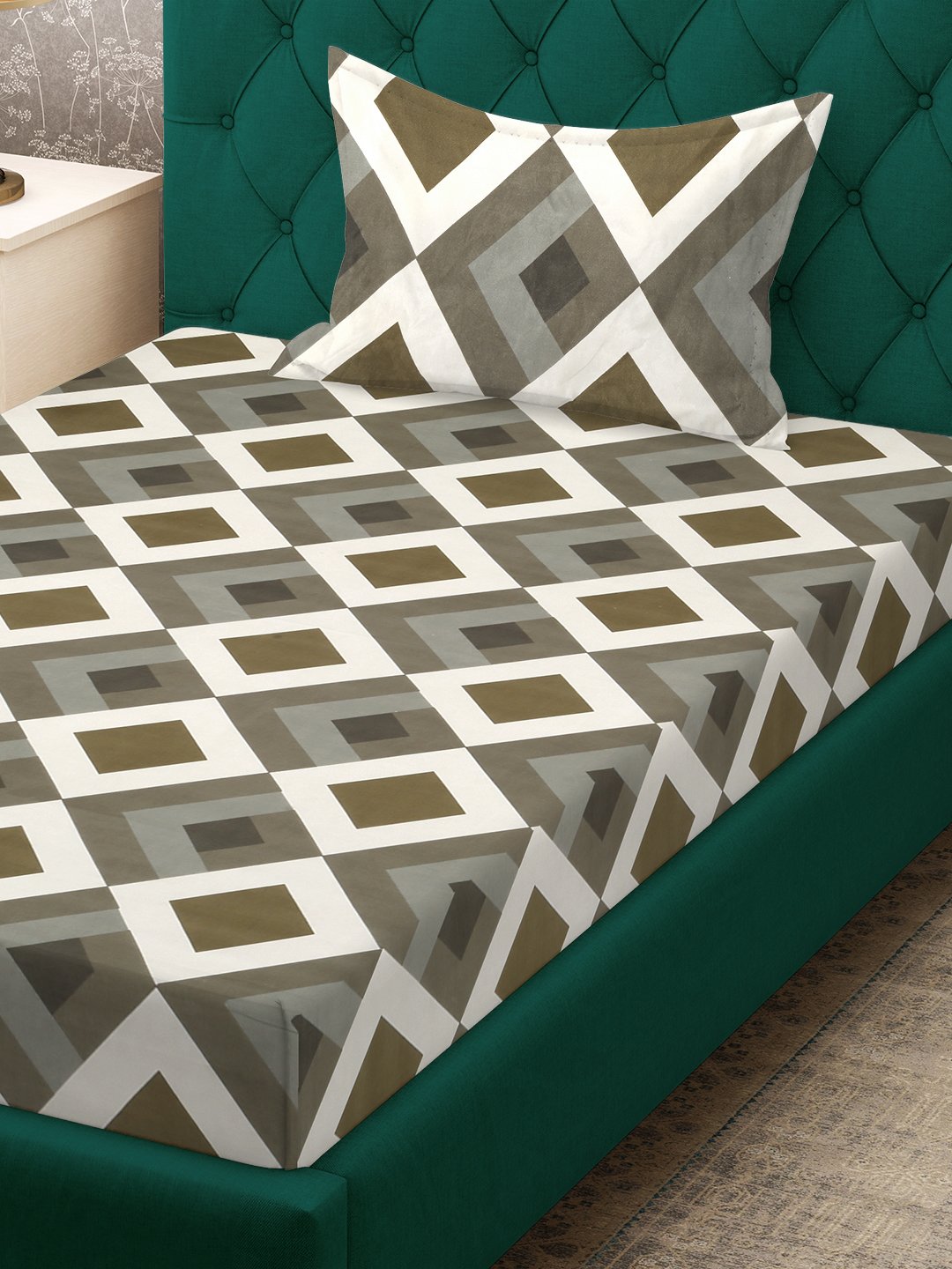 Multi Geometric 300 TC Cotton Blend Fitted Single Bedsheet in Book Fold Packing