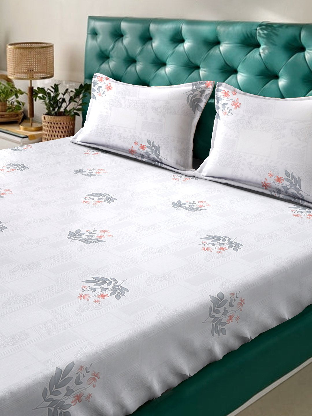 White Floral 400 TC Pure Cotton Super King Double Bedsheet with 2 Pillow Covers