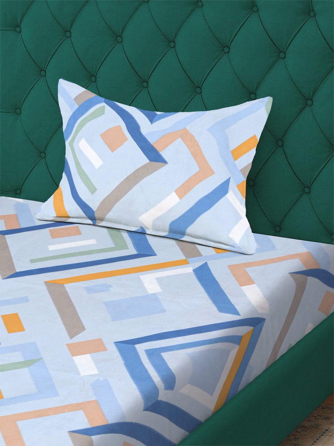 Blue Geometric 300 TC Cotton Blend Fitted Single Bedsheet with Pillow Cover