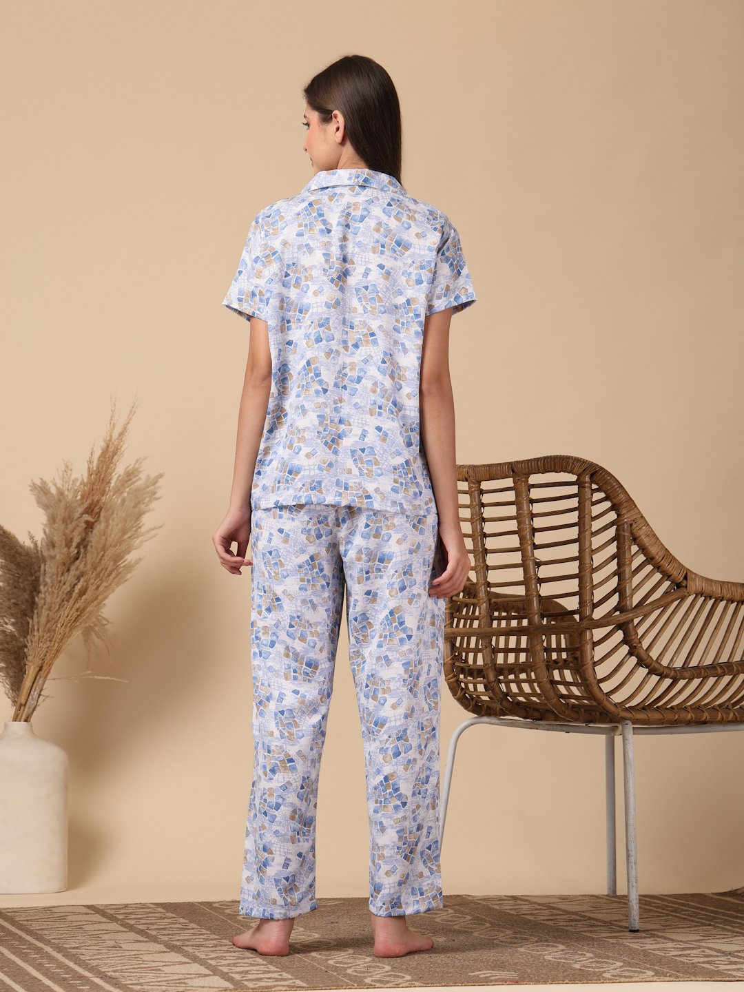 Blue Geometric Cotton Blend Women Night Suit
