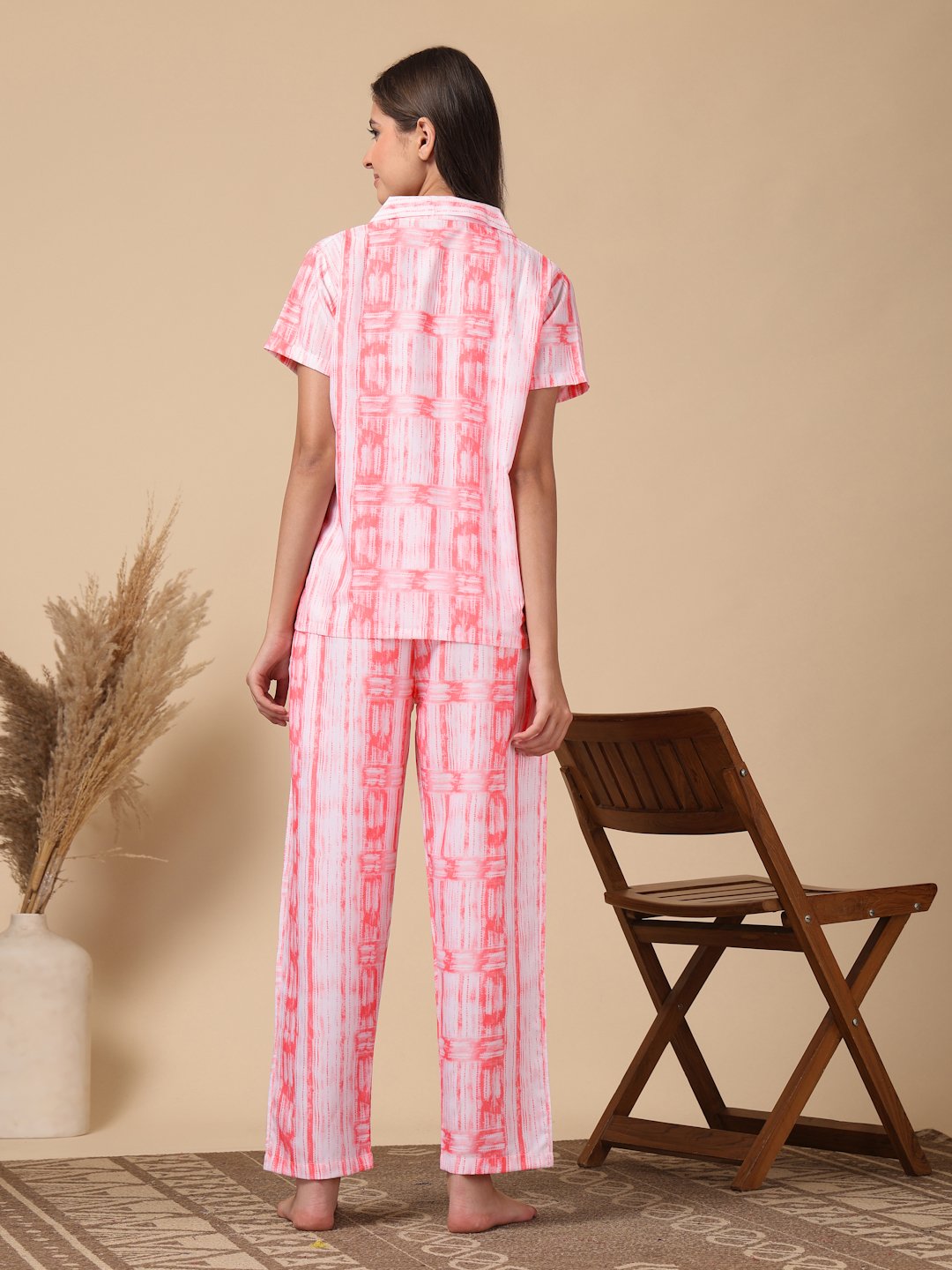 Red Striped Cotton Blend Women Night Suit