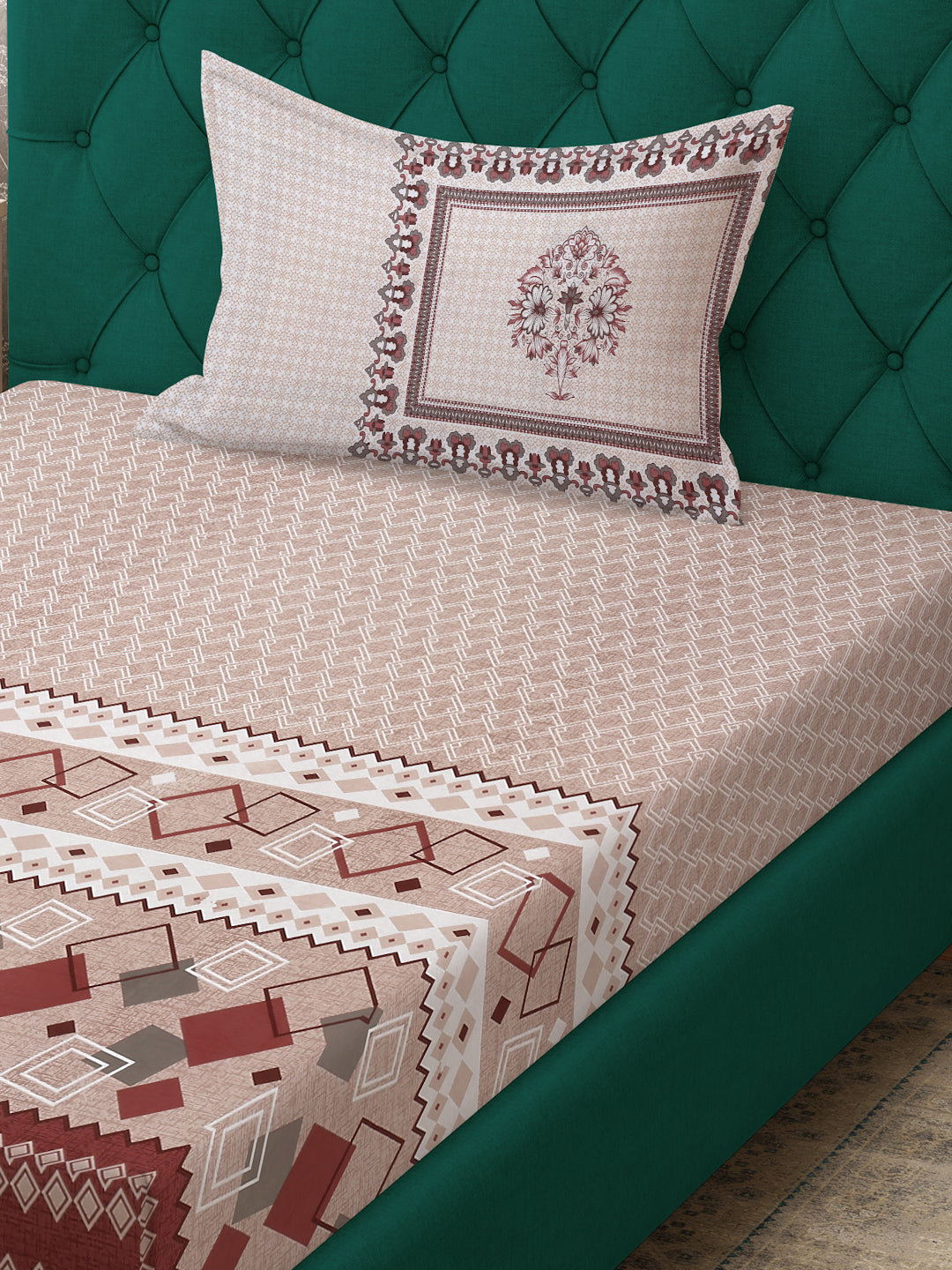 Klotthe Peach Geometric 400 TC Pure Cotton Fitted Single Bedsheet with Pillow Cover