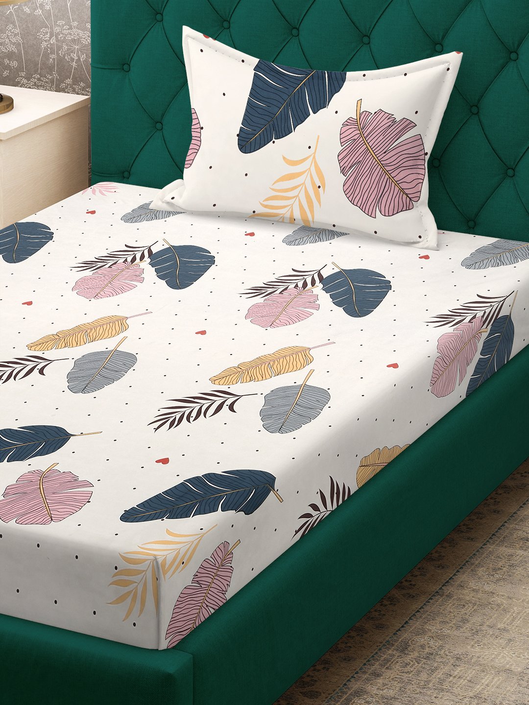Cream Floral 300 TC Cotton Blend Fitted Single Bedsheet with Pillow Cover