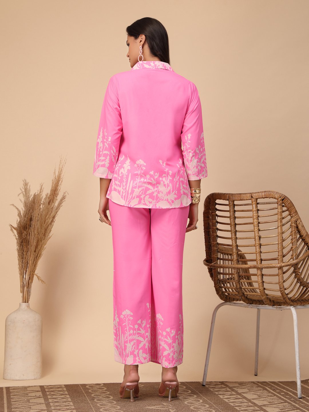 Pink Cotton Printed Shirt With Trousers Co-Ords Set