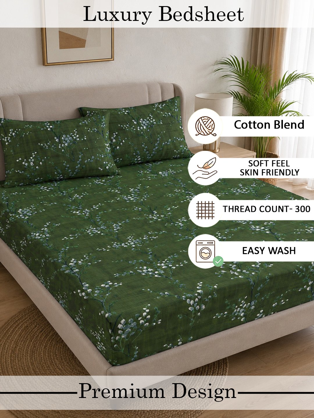 Green Floral Cotton Blend Fitted Double Bedsheet with 2 Pillow Covers