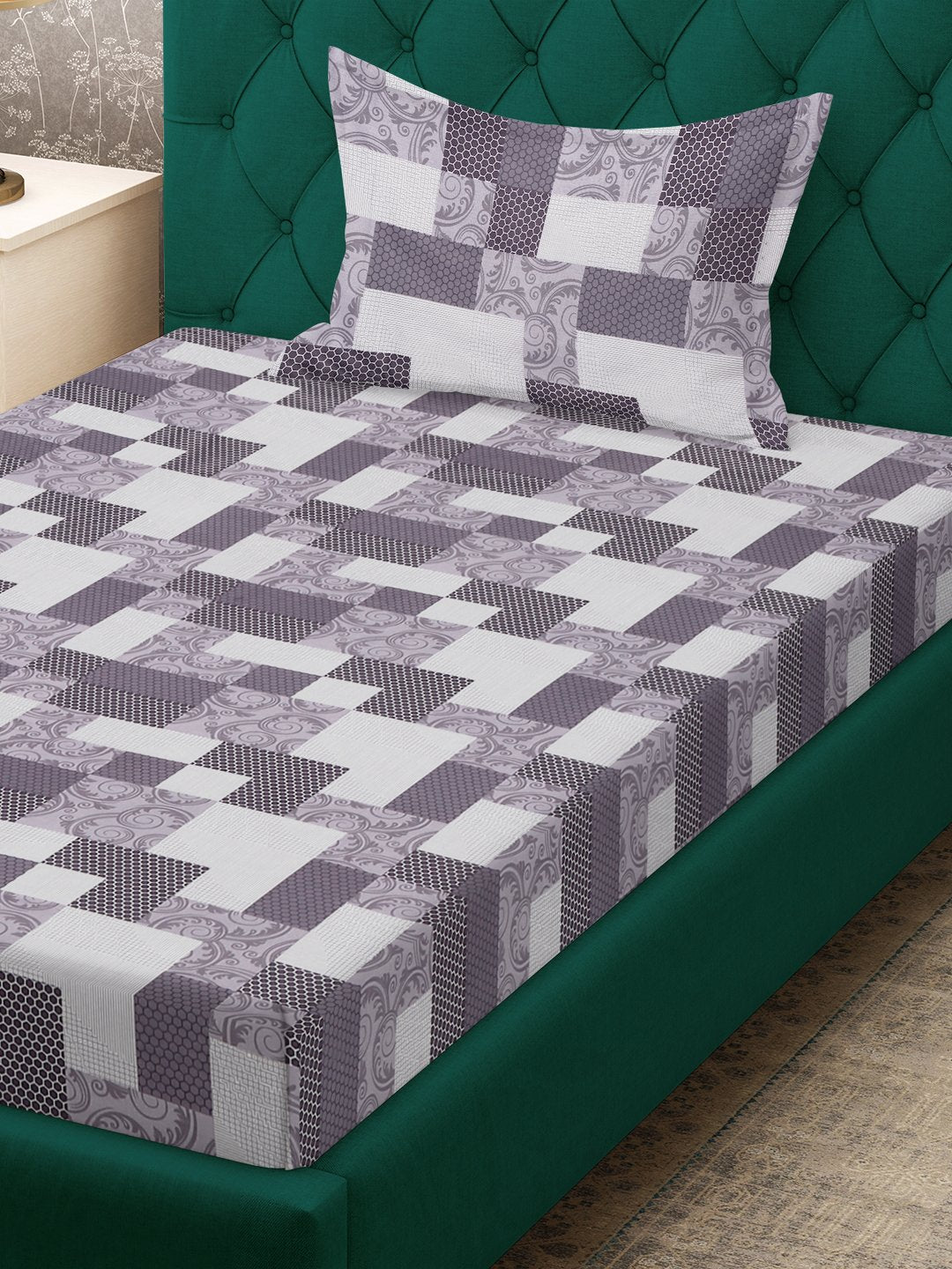 Purple Geometric 400 TC Pure Cotton Fitted Single Bedsheet with Pillow Cover