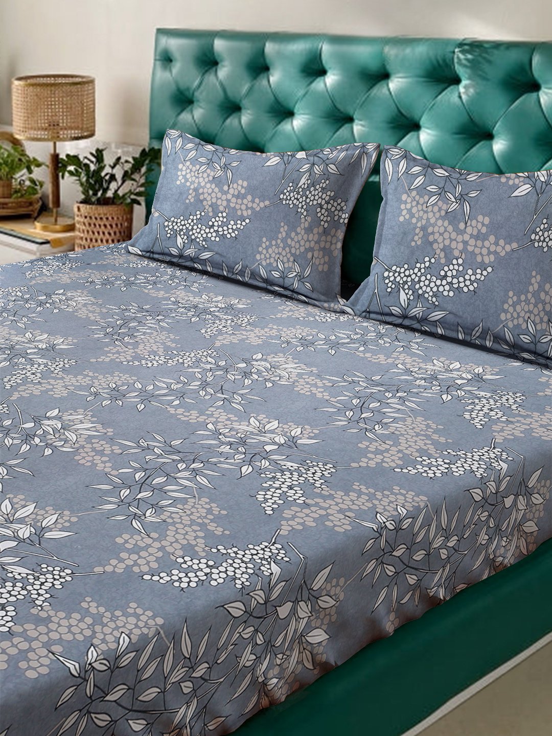 Grey Floral  300 TC Cotton Blend Fitted Double Bedsheet with 2 Pillow Covers