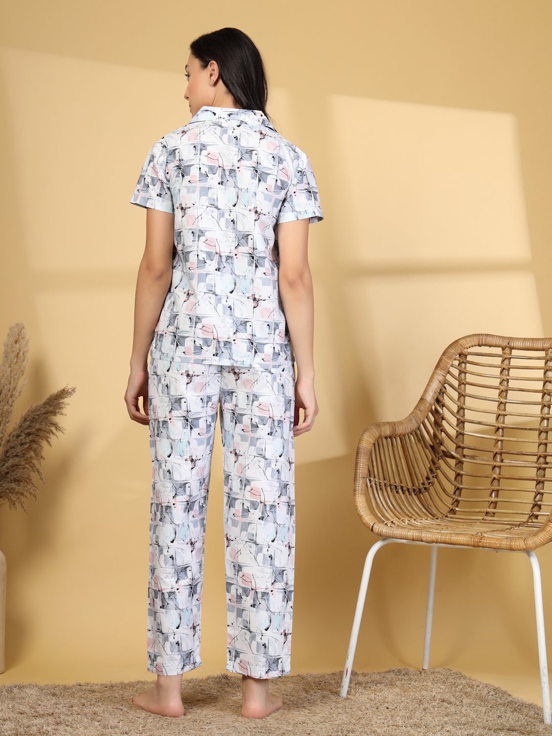 Women Grey Abstract Cotton Blend Night Suit