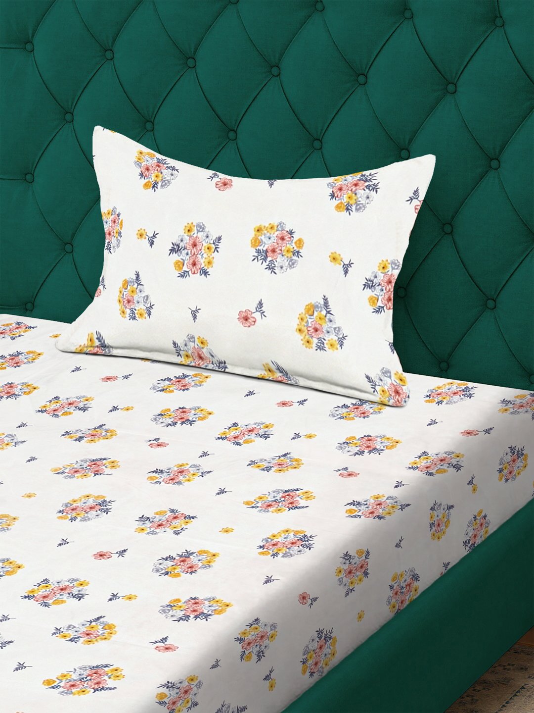 Cream Floral 300 TC Cotton Blend Fitted Single Bedsheet with Pillow Cover