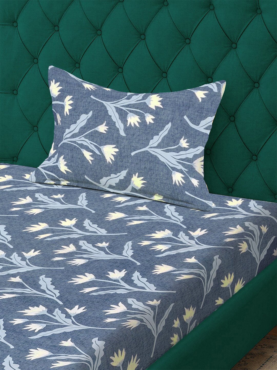 Blue Floral 300 TC Cotton Blend Single Bedsheet with Pillow Cover