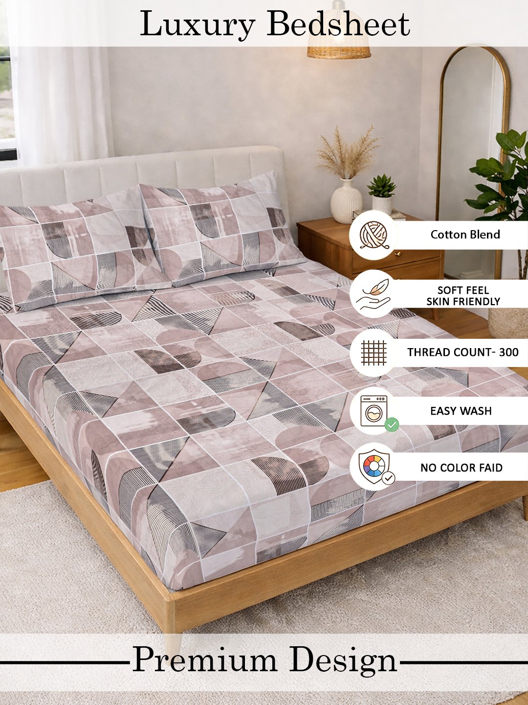 Multi Geometric Cotton Blend Double Bedsheet with 2 Pillow Covers
