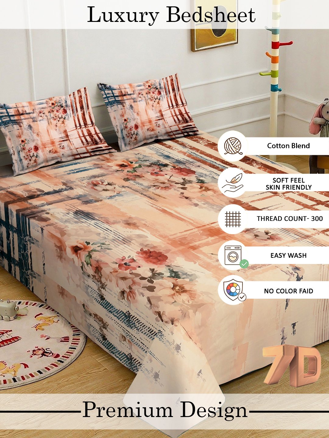 Multi Digital Floral Printed Cotton Blend Double Bedsheet with 2 Pillow Covers