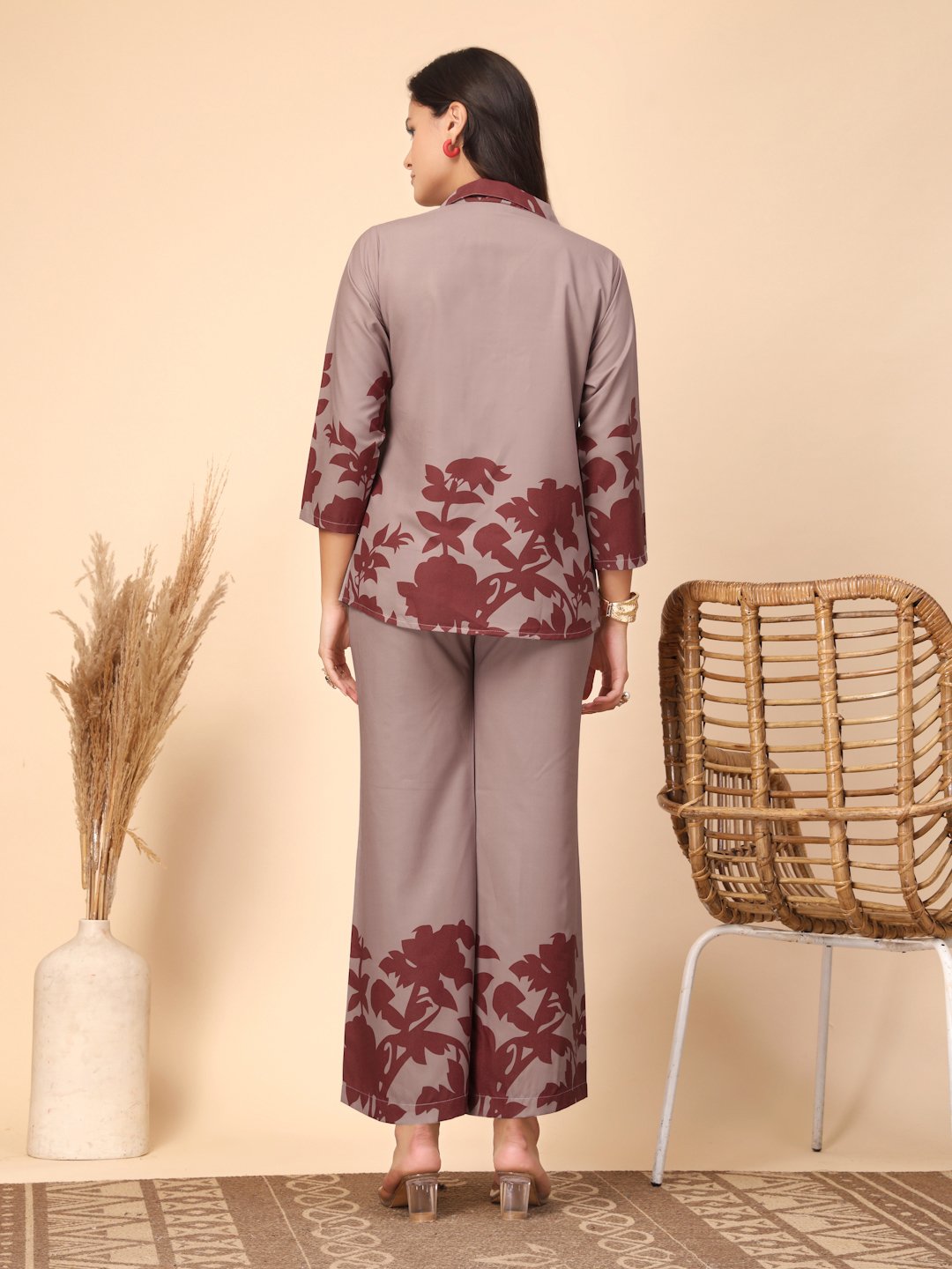 Brown Cotton Printed Shirt With Trousers Co-Ords Set