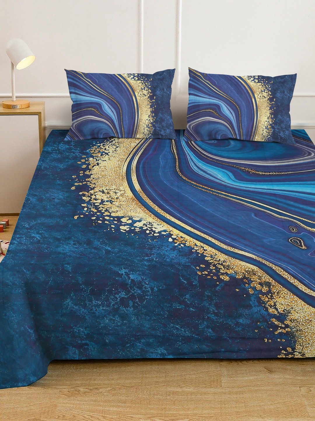 Blue 7D Abstract Printed Fitted Cotton Blend Double Bedsheet with 2 Pillow Covers