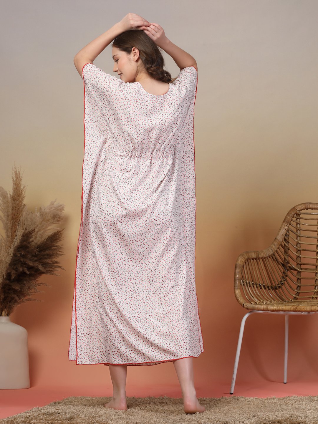 White Floral Cotton Blend Kaftan Maxi Nightdress