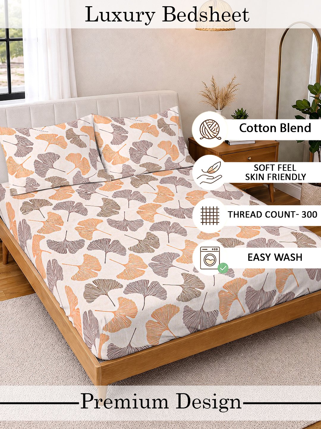 Beige Floral Cotton Blend Double Bedsheet with 2 Pillow Covers