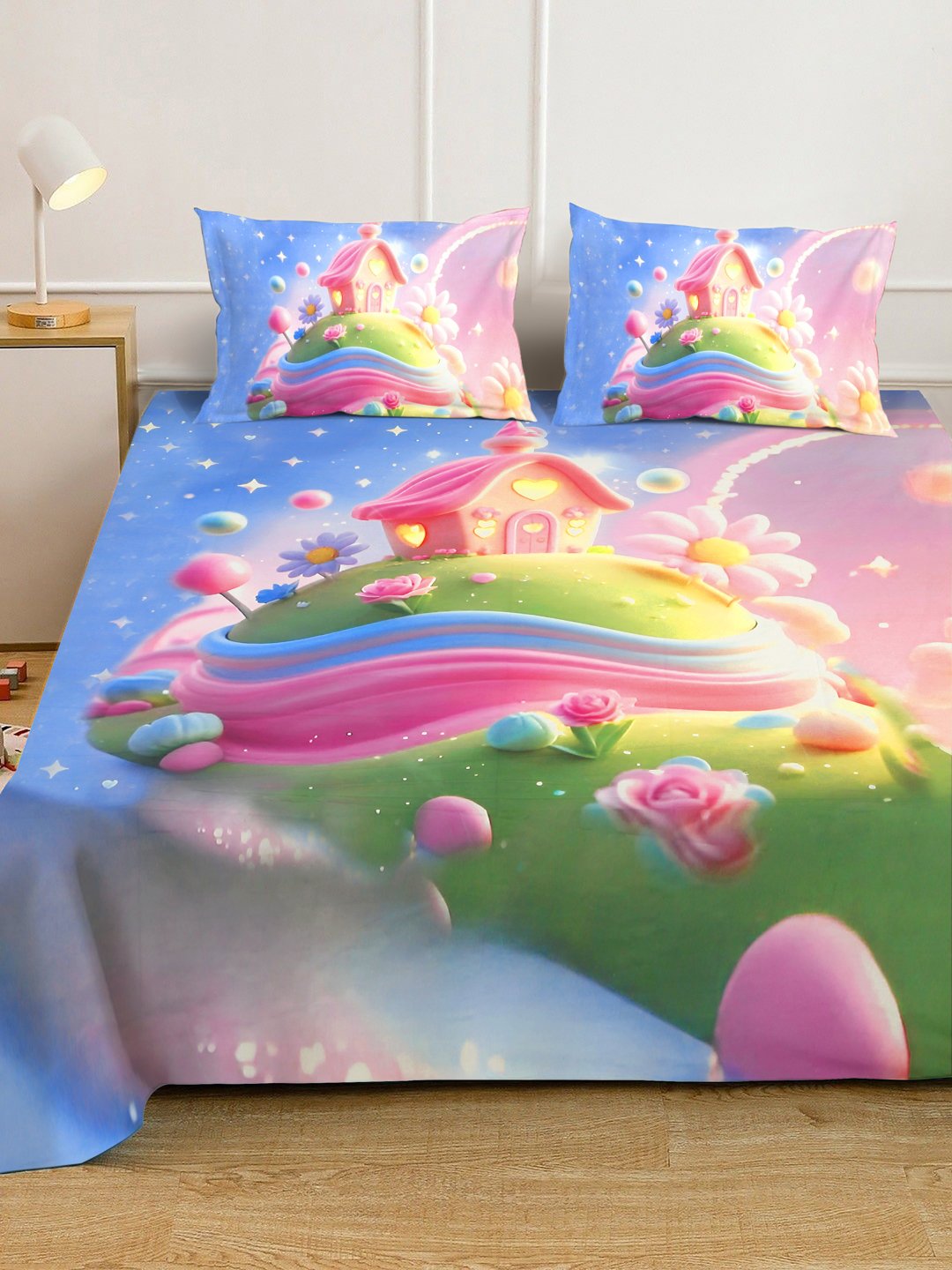 Blue 7D Cartoon Characters Printed Cotton Blend Double Bedsheet with 2 Pillow Covers