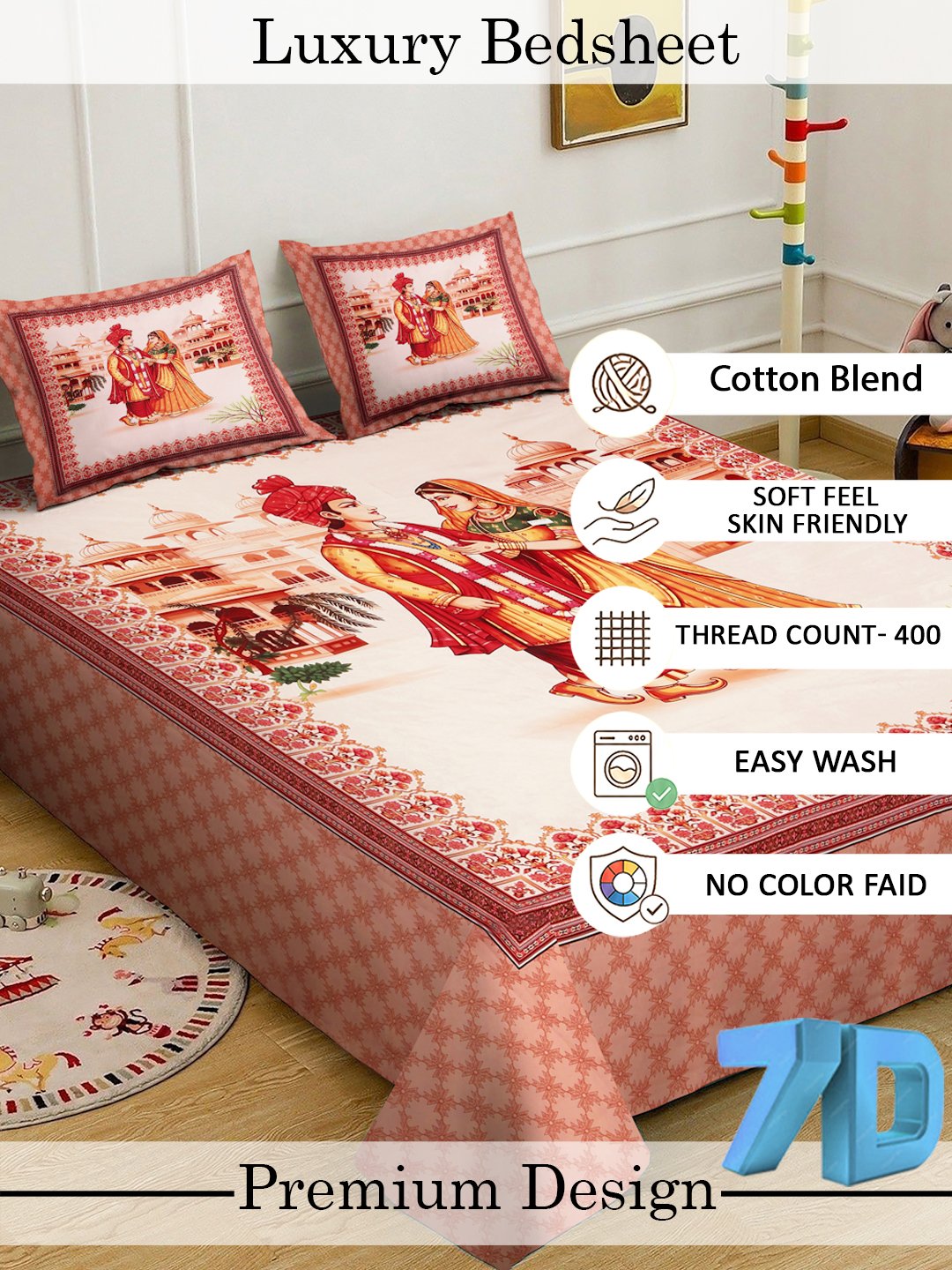 Rust Digital Ethnic Motifs Printed Cotton Blend Double Bedsheet with 2 Pillow Covers