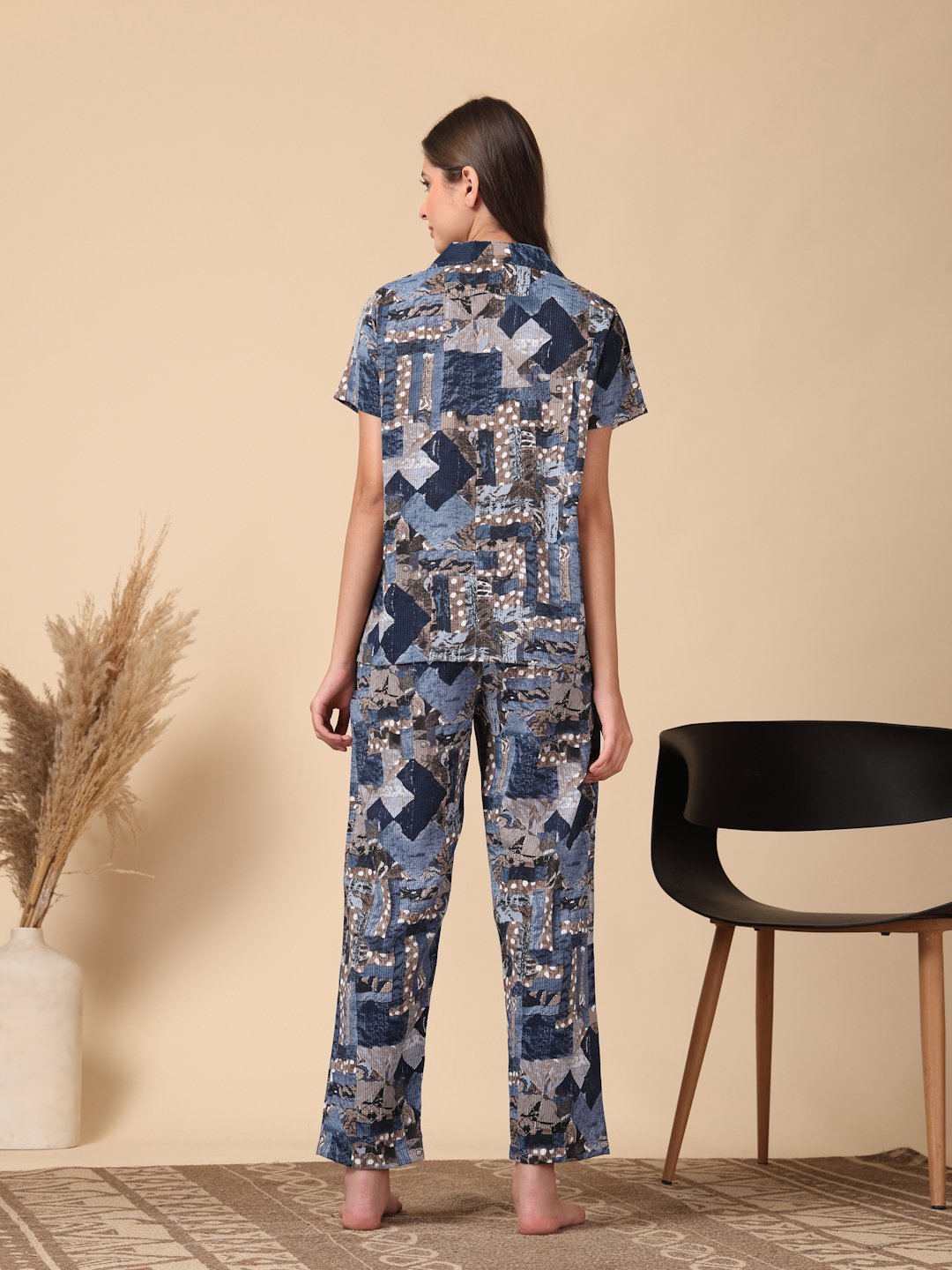 Blue Geometric Cotton Blend Women Night Suit