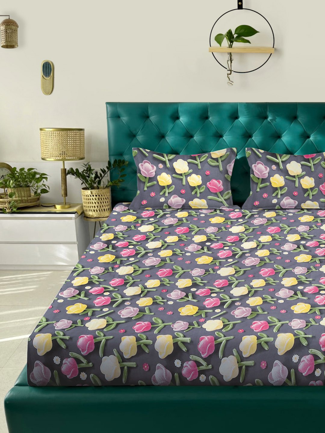 Grey Floral 7D King Size Cotton Blend Fitted Double Bedsheet with 2 Pillow Covers