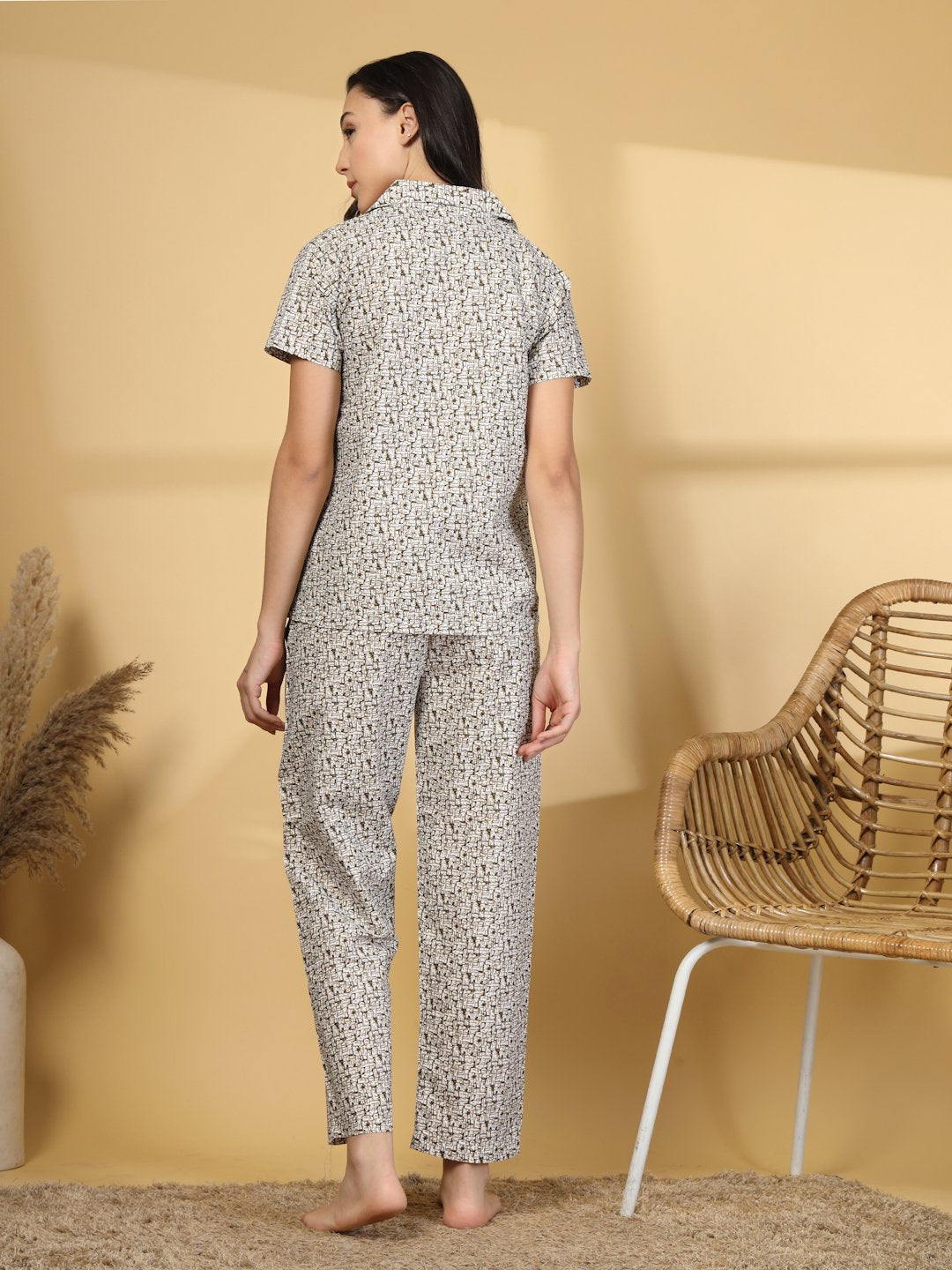 Women Brown Abstract Cotton Blend Night Suit