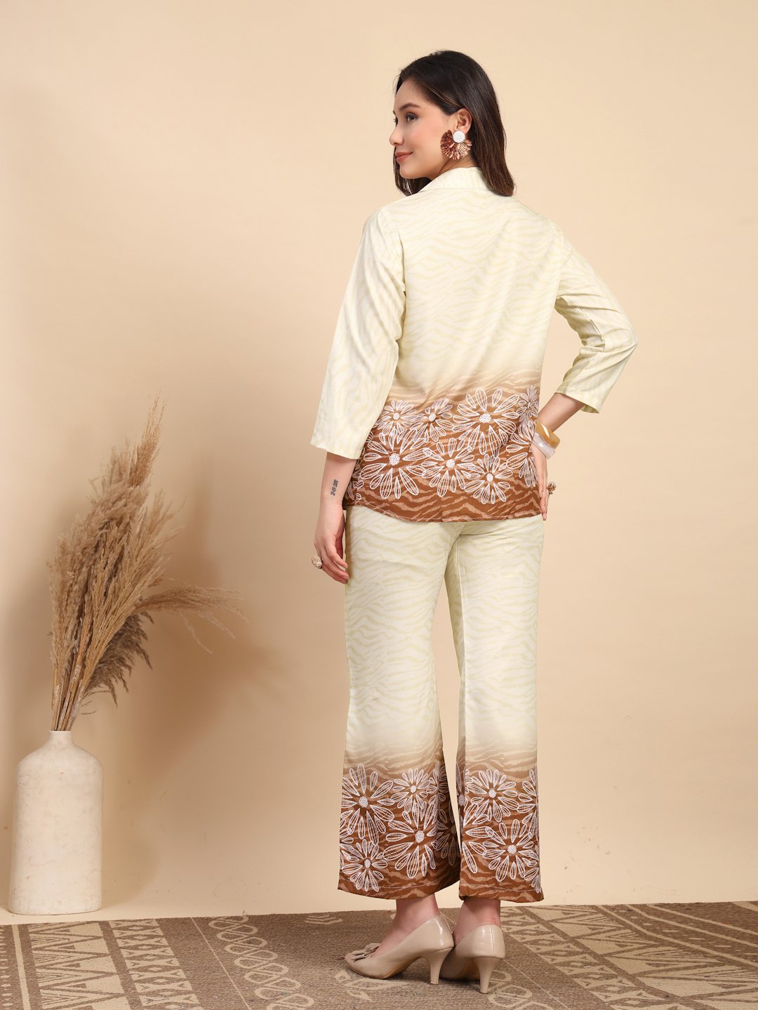 Brown Cotton Printed Shirt With Trousers Co-Ords Set
