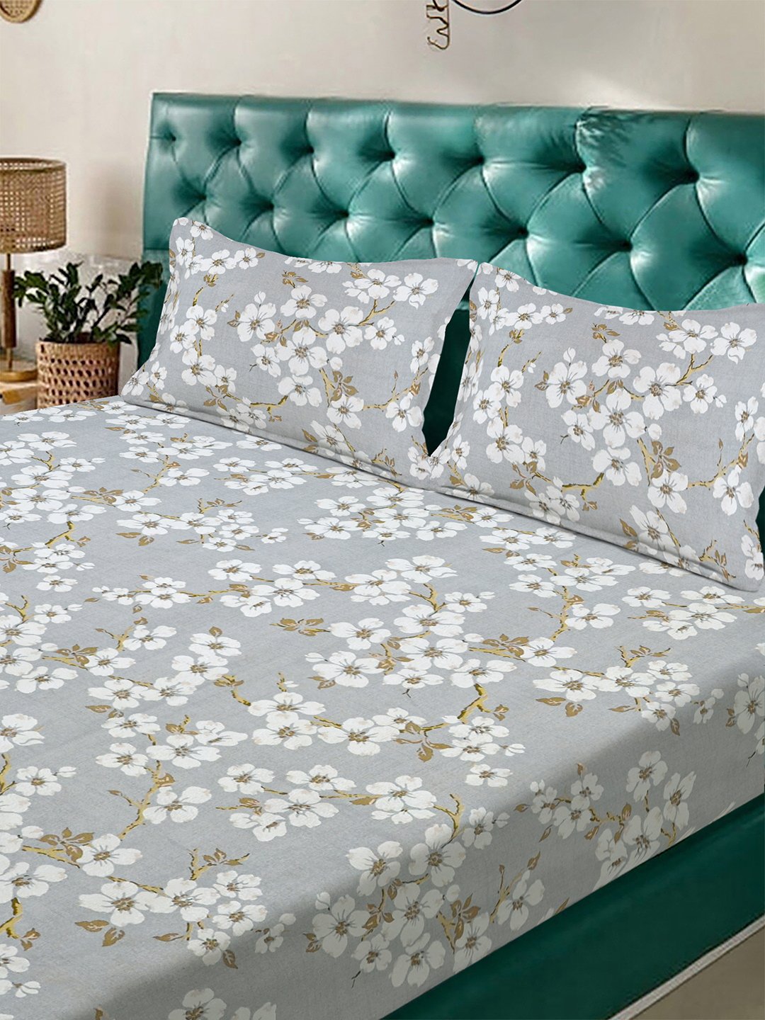Grey Floral 300 TC Cotton Blend Double Bedsheet with 2 Pillow Covers