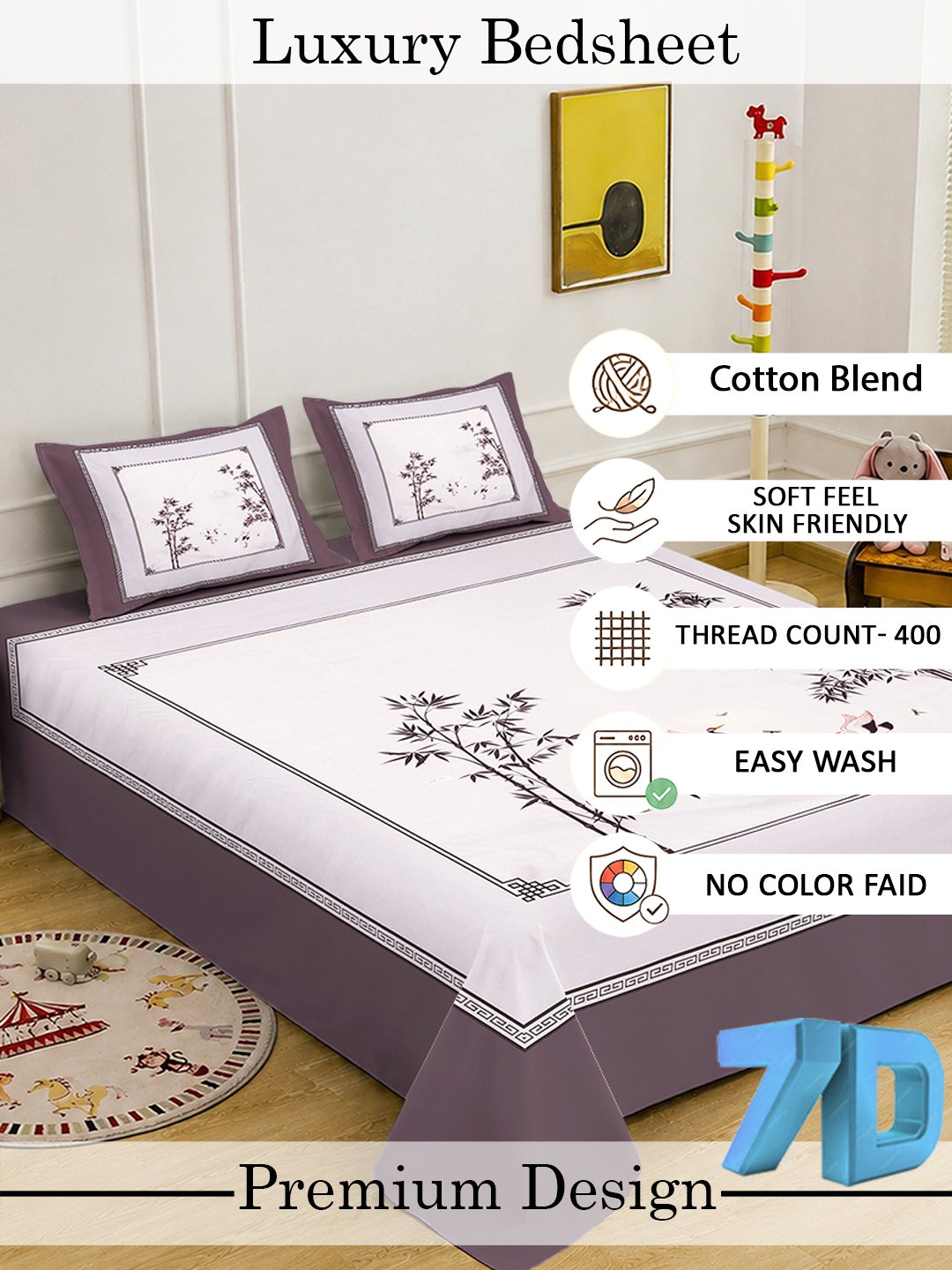 Digital White Floral Cotton Blend Double Bedsheet with 2 Pillow Covers