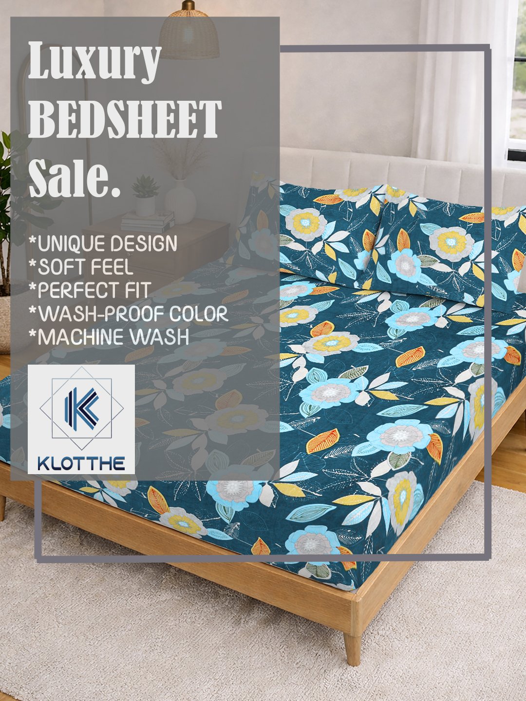 Blue Floral Cotton Blend Double Bedsheet with 2 Pillow Covers
