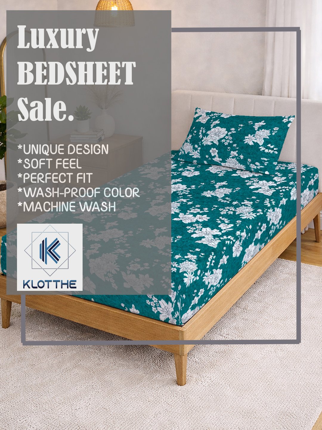 Green Floral Cotton Blend Fitted Single Bedsheet with Pillow Cover