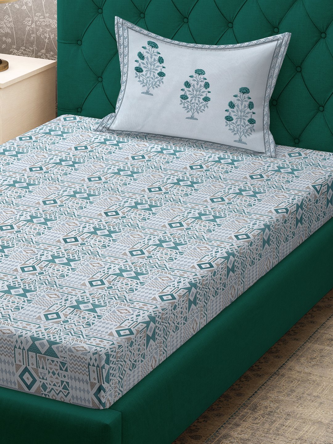 Green Geometric 400 TC Pure Cotton Single Bedsheet with Pillow Cover
