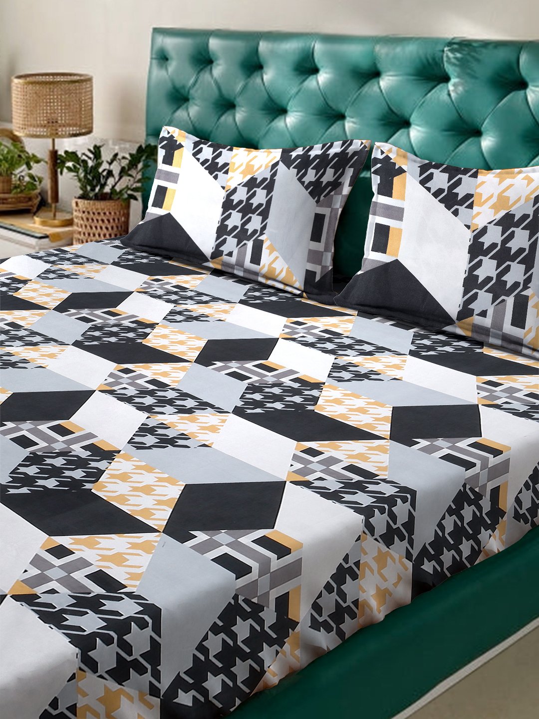 Book Fold Multi Geometric 300 TC Cotton Blend Fitted Double Bedsheet with 2 Pillow Covers