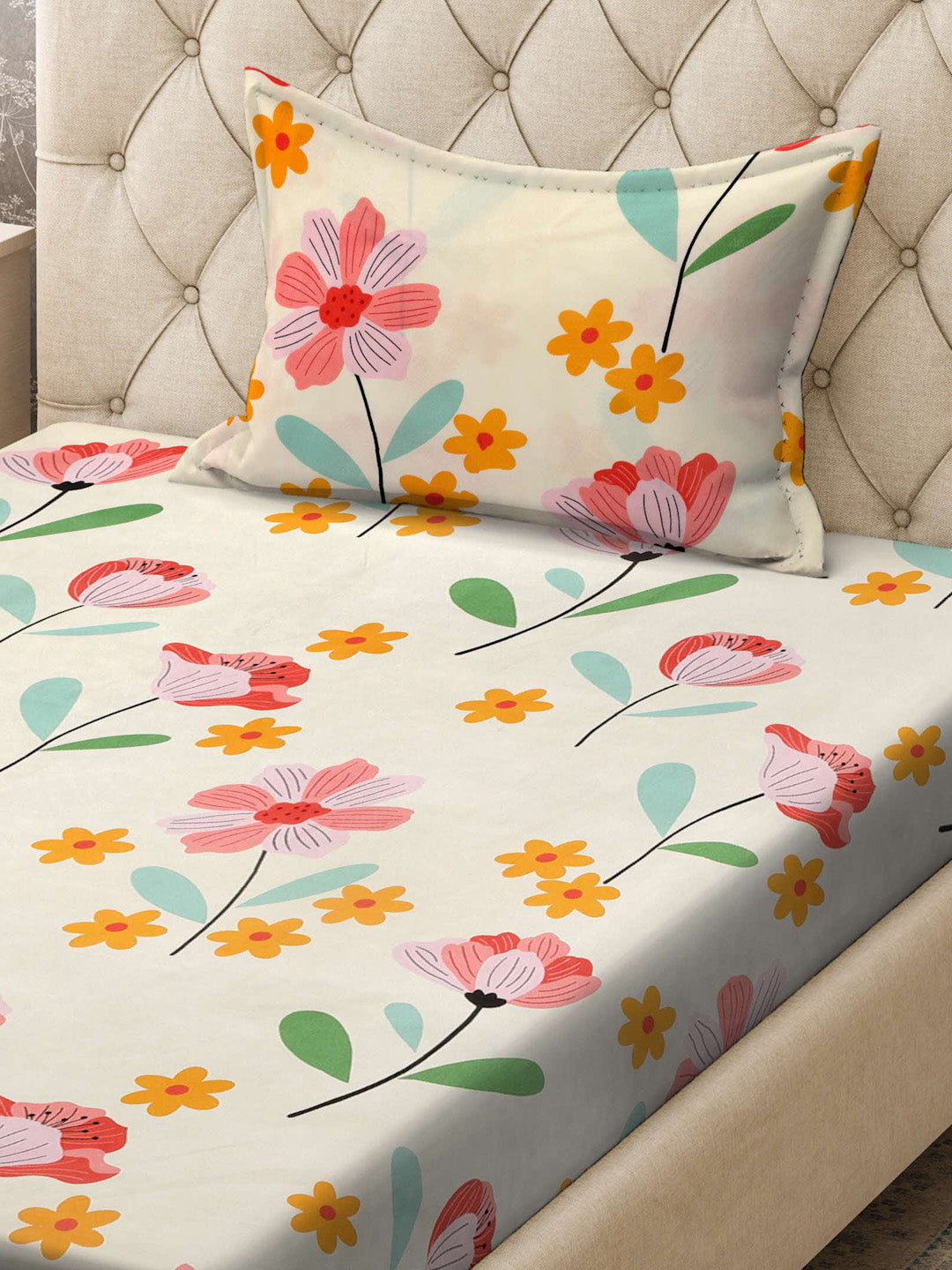Klotthe Cream Floral 300 TC Cotton Blend Single Bedsheet with Pillow Cover