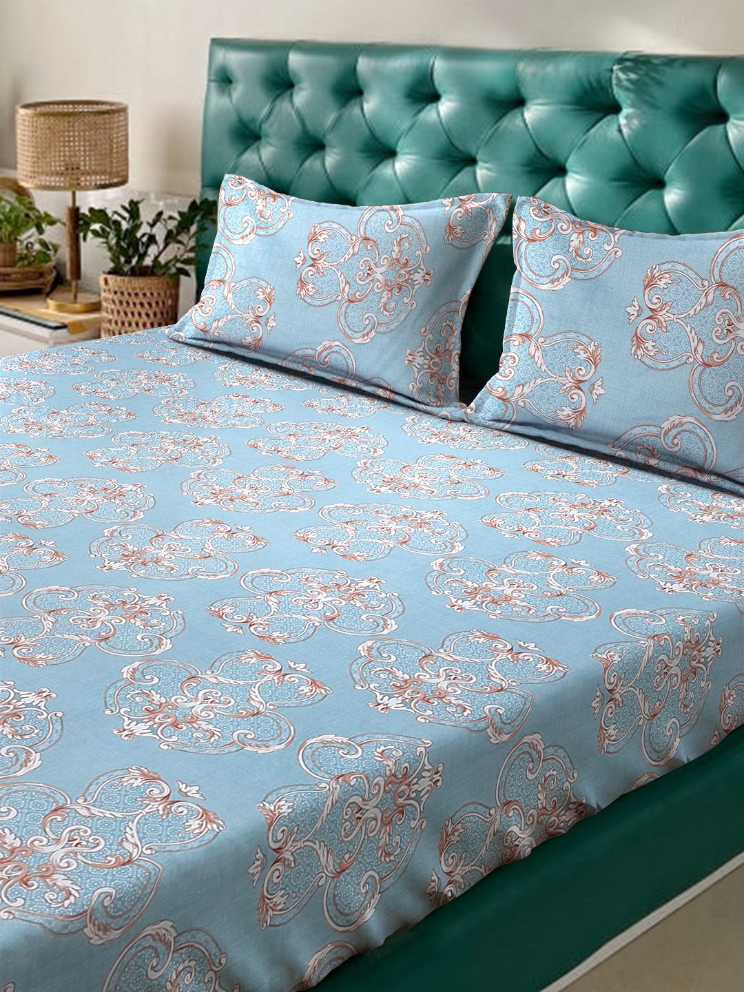 SkyBlue Ethnic Motifs 300 TC Cotton Blend Double Bedsheet with 2 Pillow Covers
