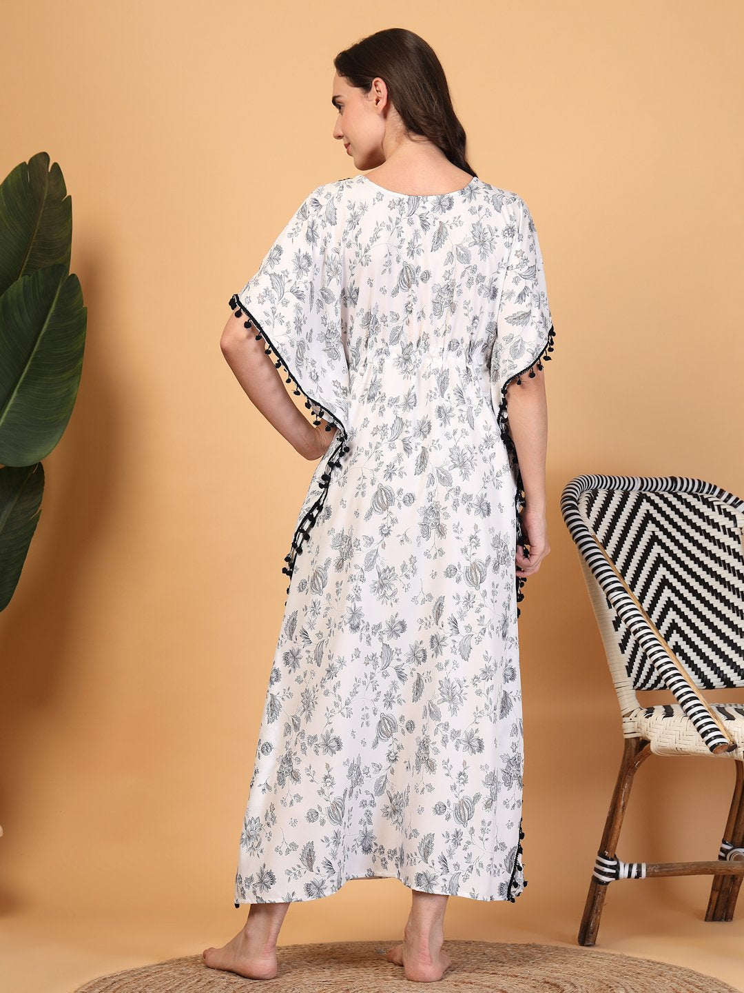 White Floral Cotton Blend Kaftan Maxi Nightdress