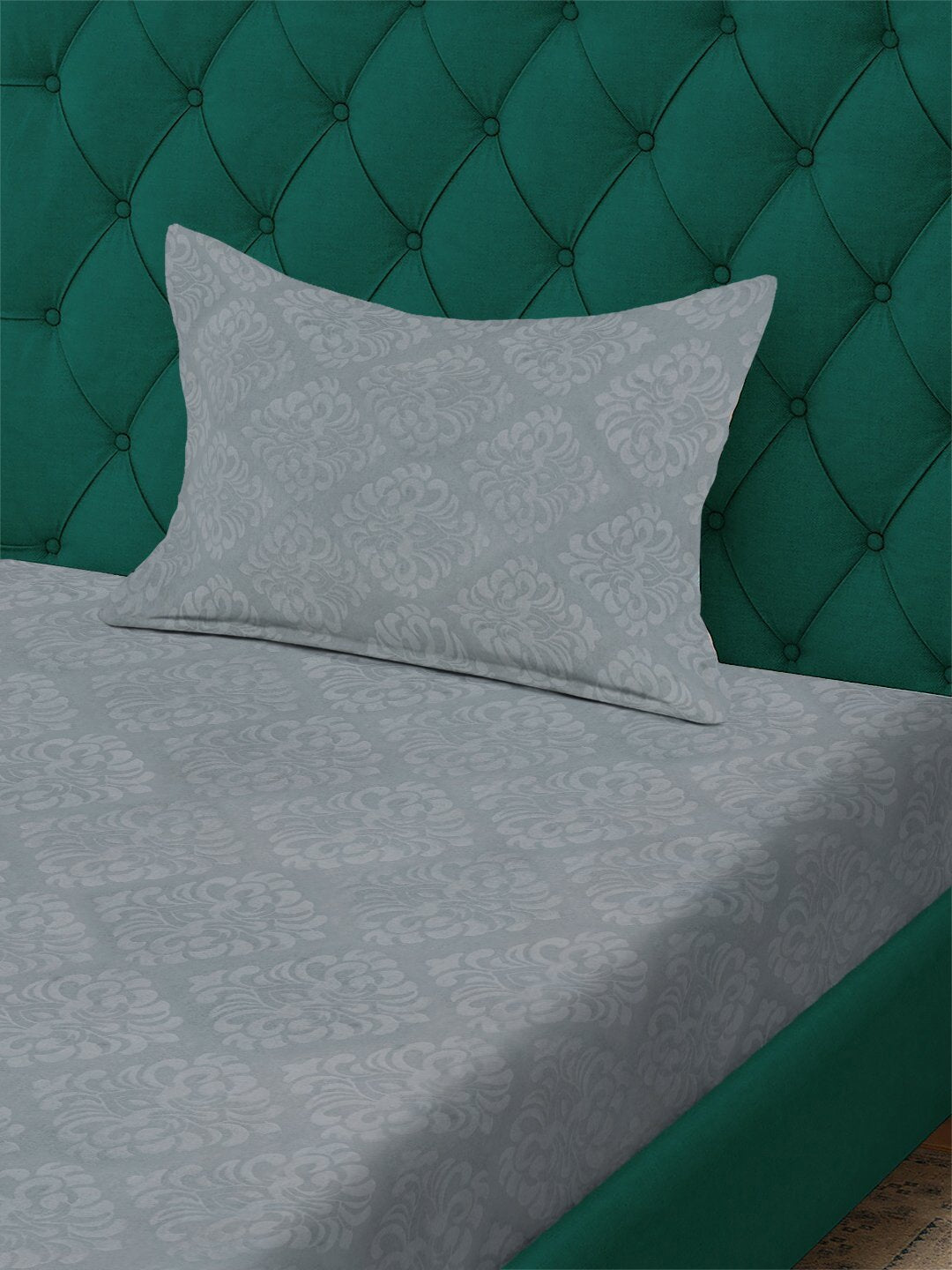 Grey Floral Embossed Cotton Blend Fitted Fitted Single Bedsheet with Pillow Cover