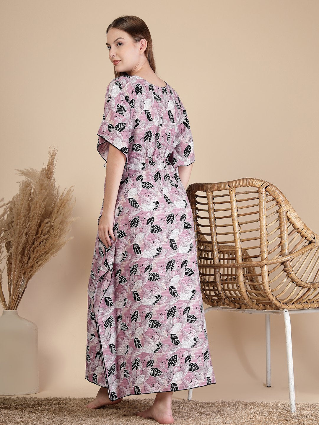 Pink Floral Cotton Blend Kaftan Maxi Nightdress