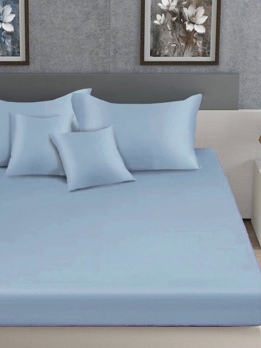 SkyBlue Solid 400 TC Satin Fitted Super King Double Bedsheet with 2 Pillow Covers & 2 Cushion Covers