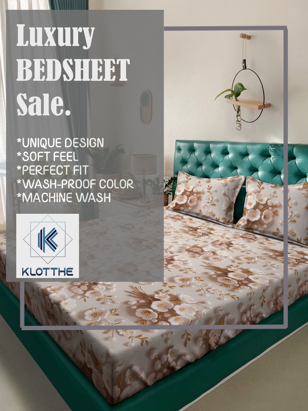 Cream Floral 7D King Size Cotton Blend Fitted Double Bedsheet with 2 Pillow Covers