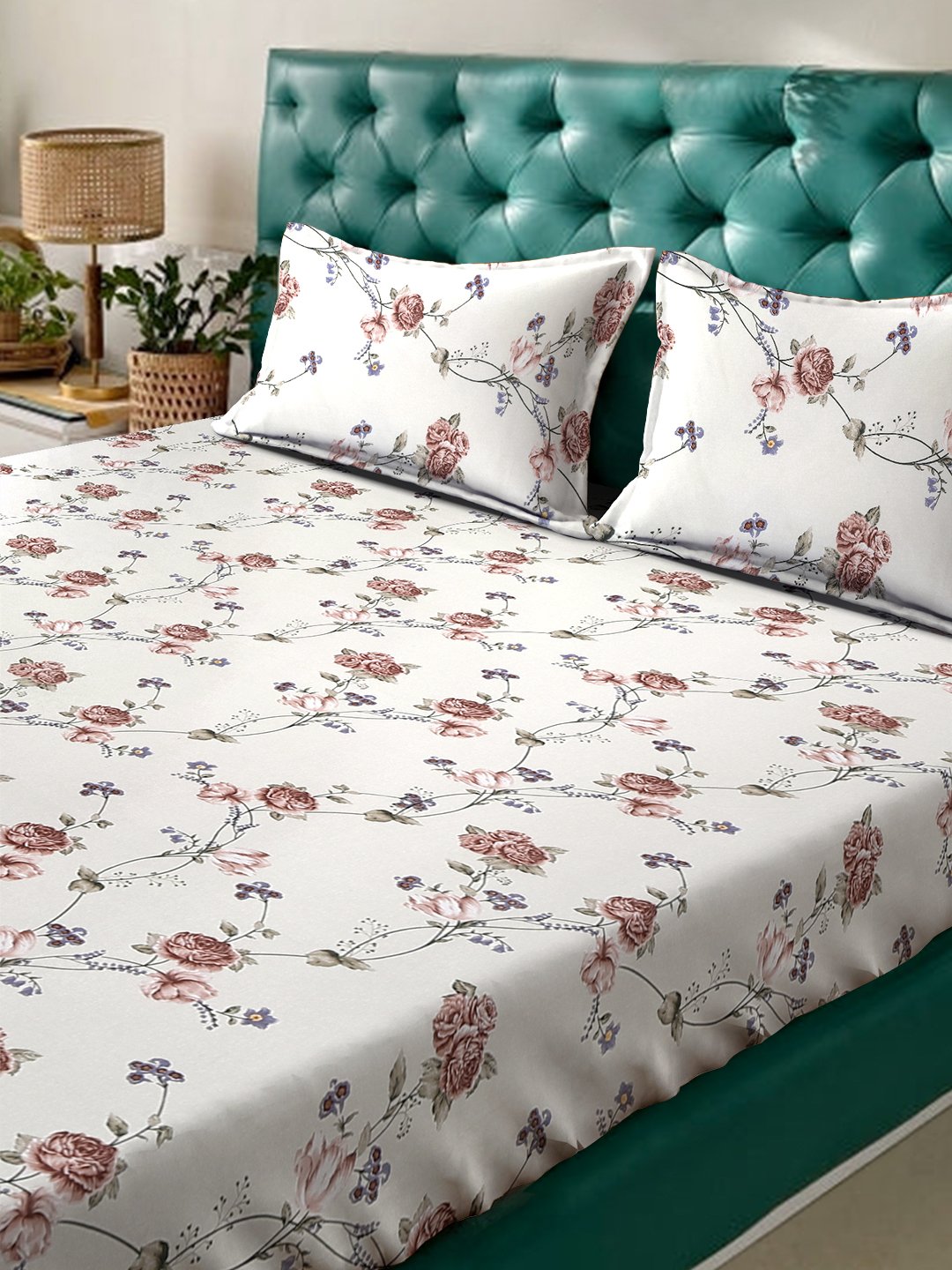 Beige Floral 300 TC Cotton Blend Fitted Double Bedsheet in Book Fold Packing