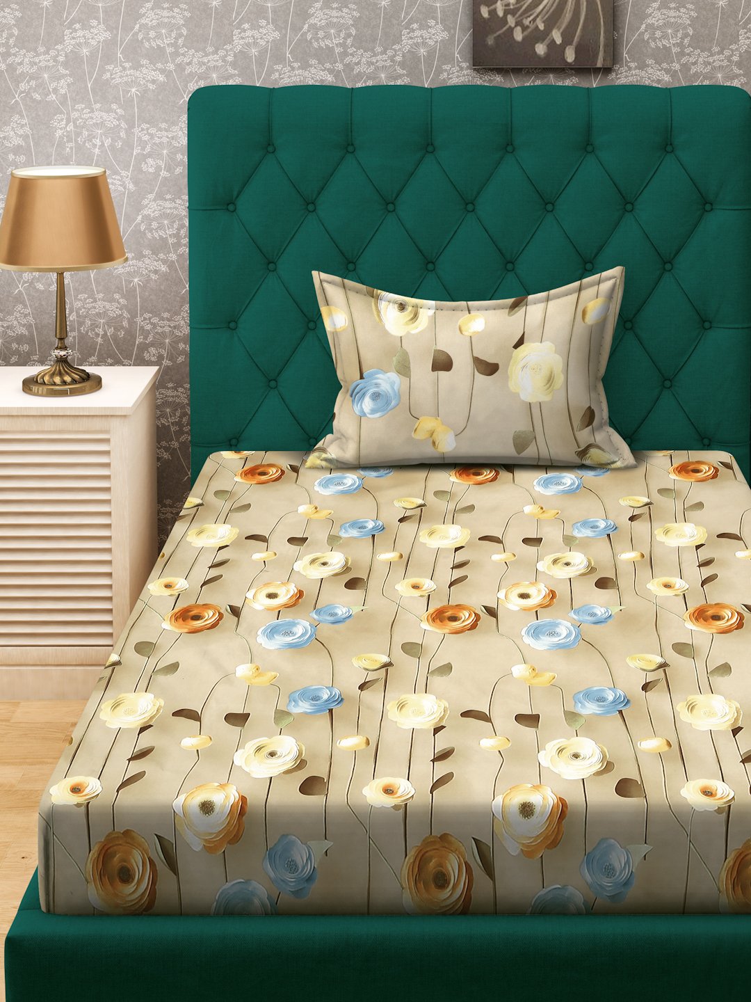 Beige Floral 7D Cotton Blend Fitted Single Bedsheet with Pillow Cover