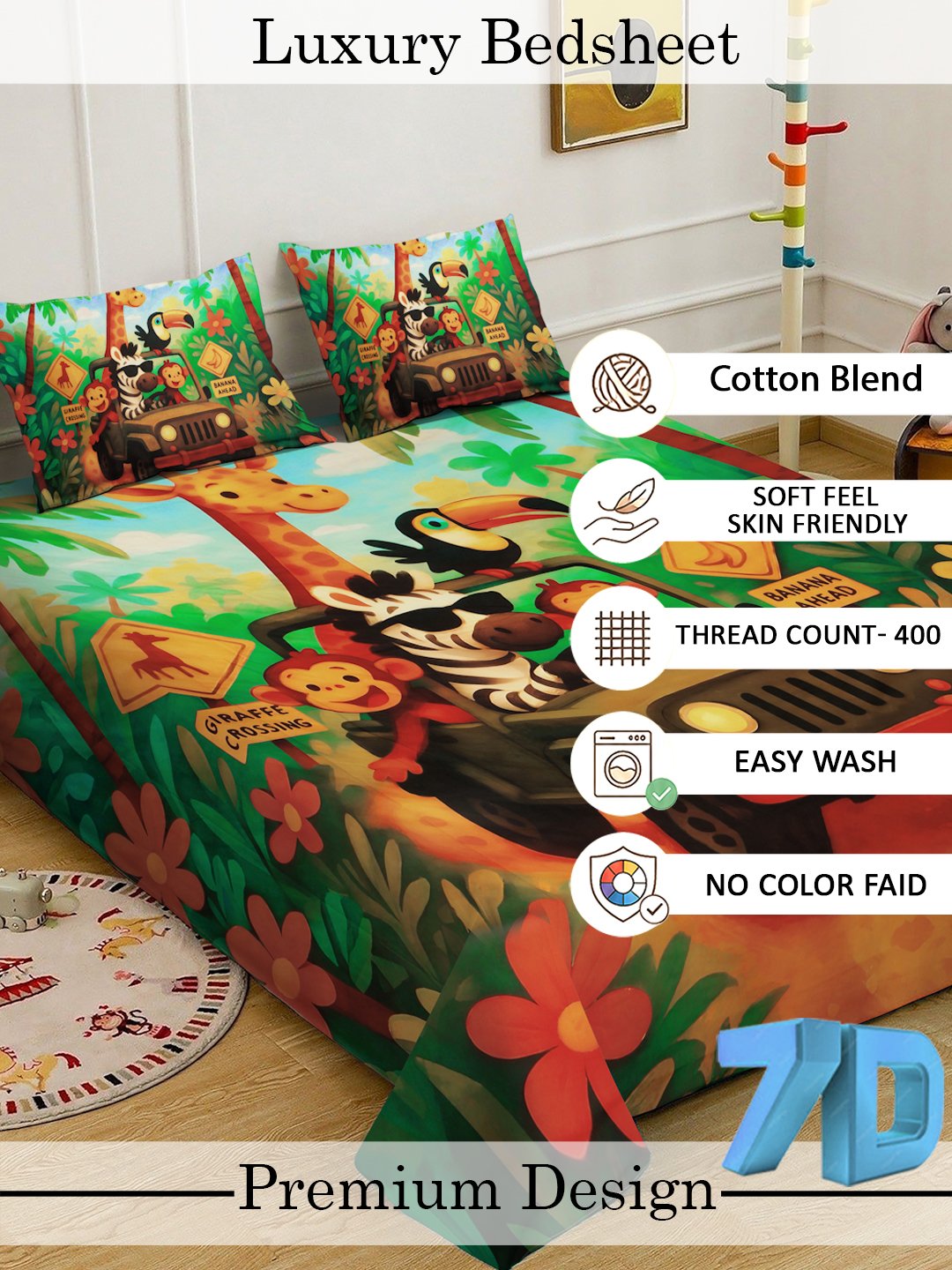 Multi Digital Animal Printed Cotton Blend Fitted Double Bedsheet with 2 Pillow Covers