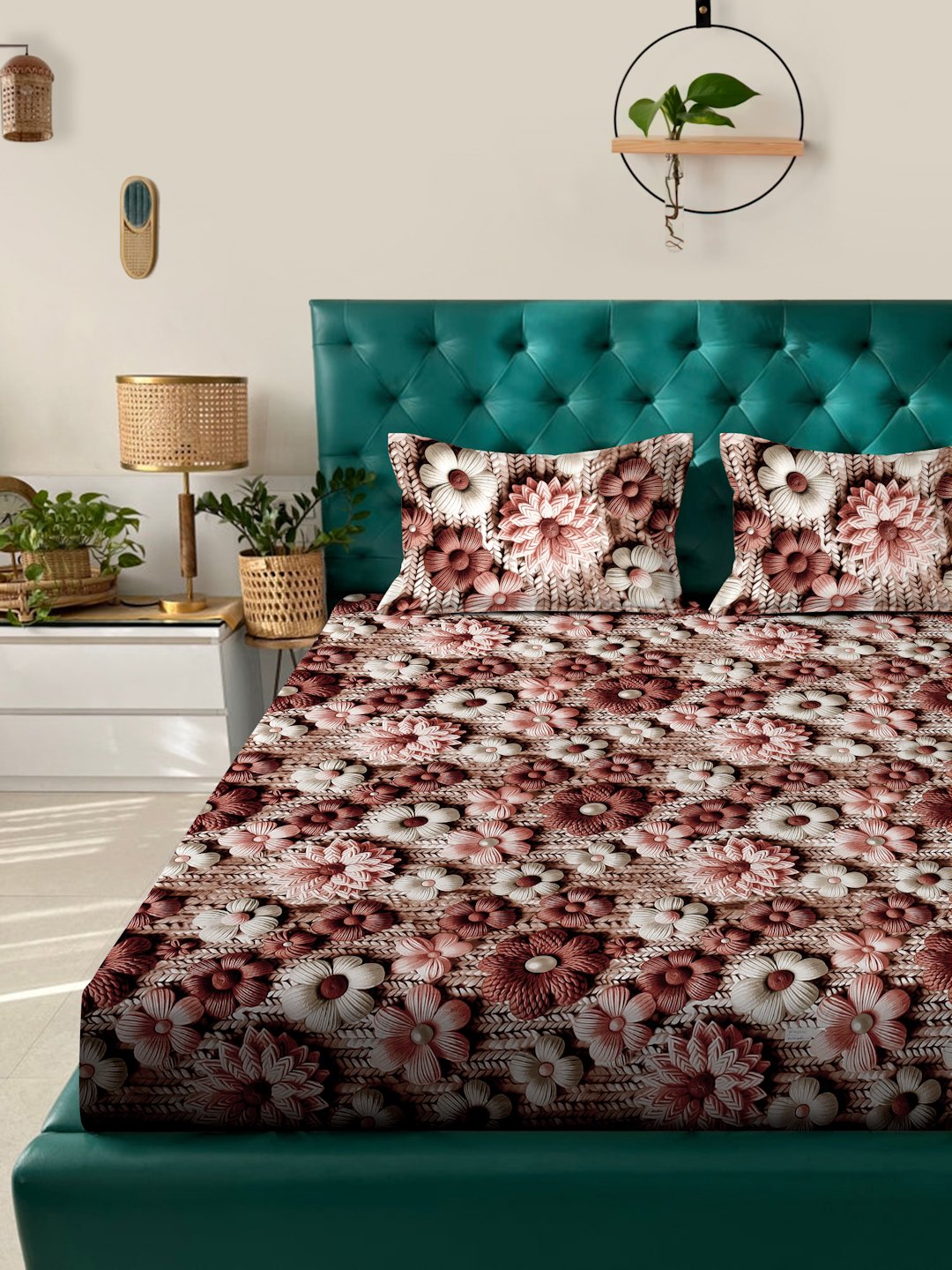 Brown Floral 7D King Size Cotton Blend Fitted Double Bedsheet with 2 Pillow Covers