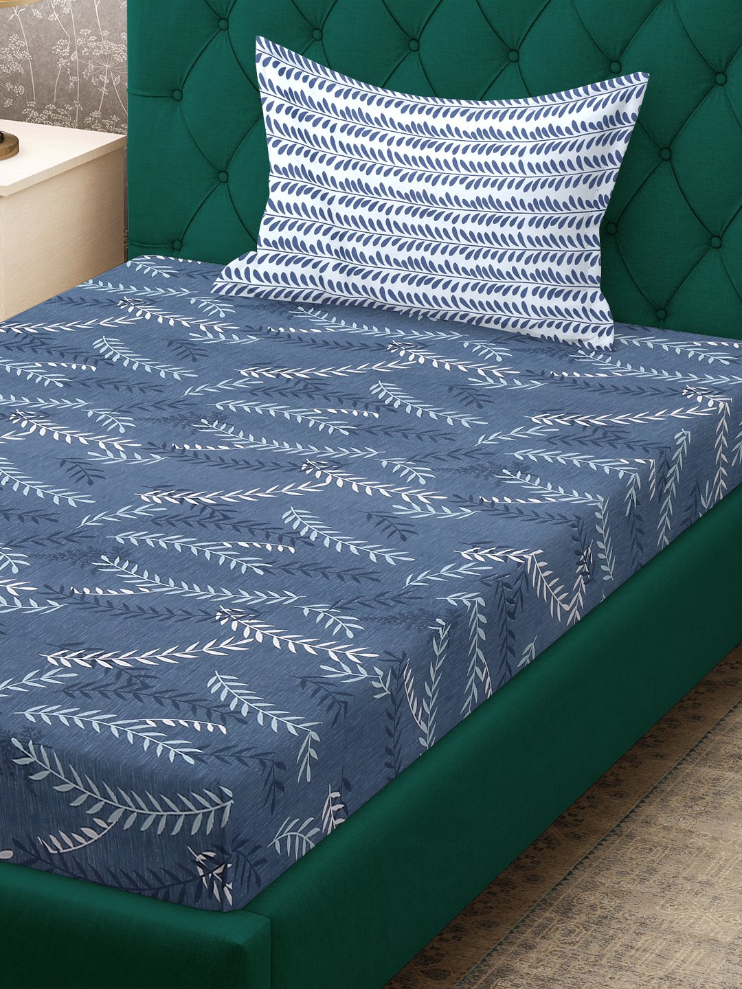 Blue Floral 300 TC Cotton Blend Fitted Single Bedsheet with Pillow Cover