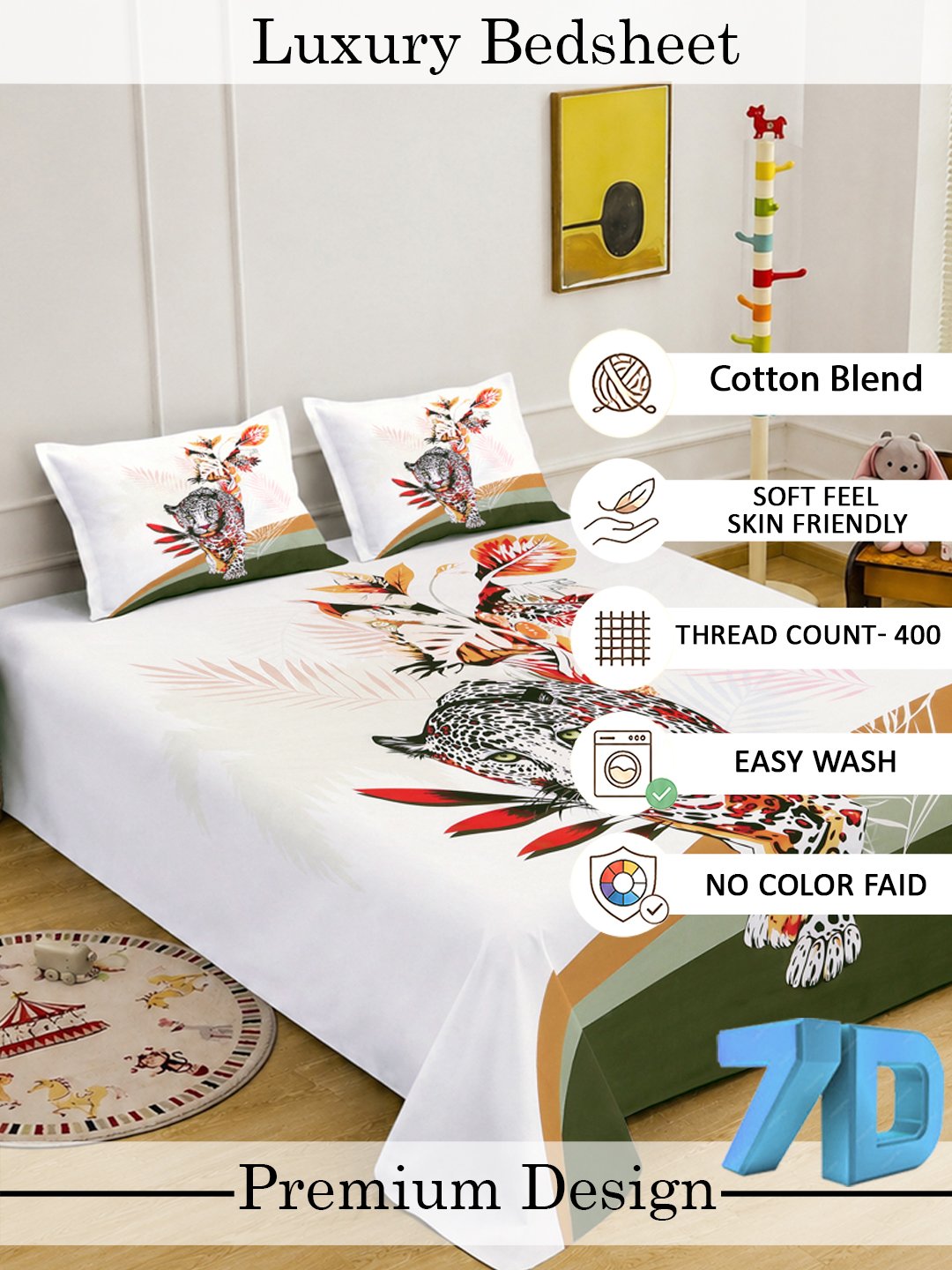 Digital White Animal Cotton Blend Double Bedsheet with 2 Pillow Covers