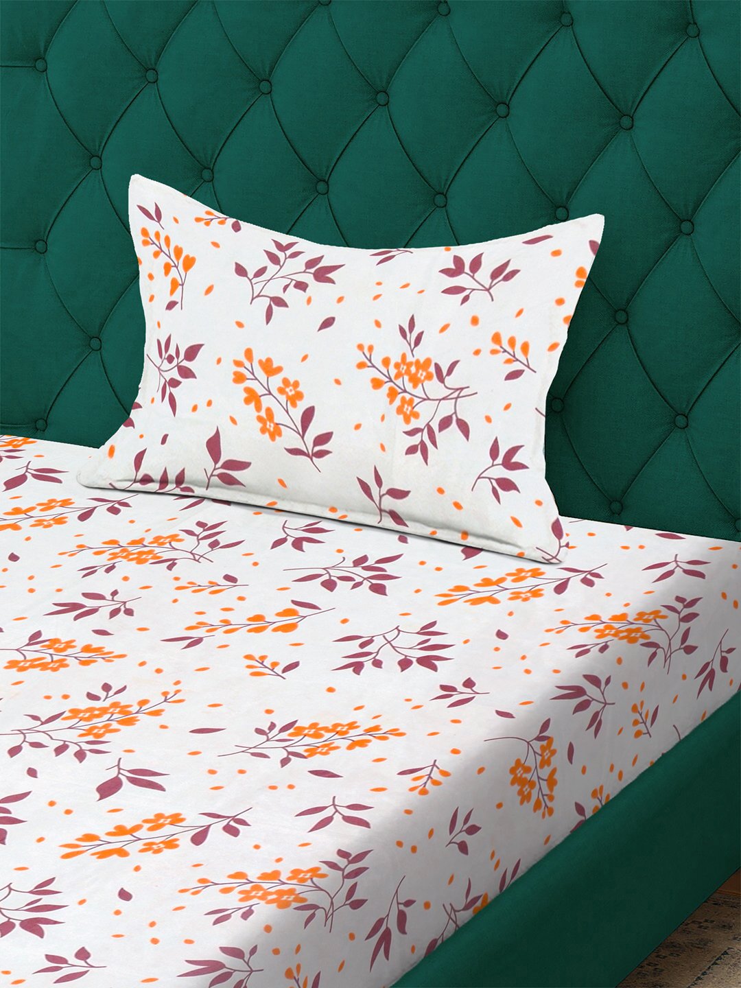 White Floral 300 TC Cotton Blend Single Bedsheet with Pillow Cover