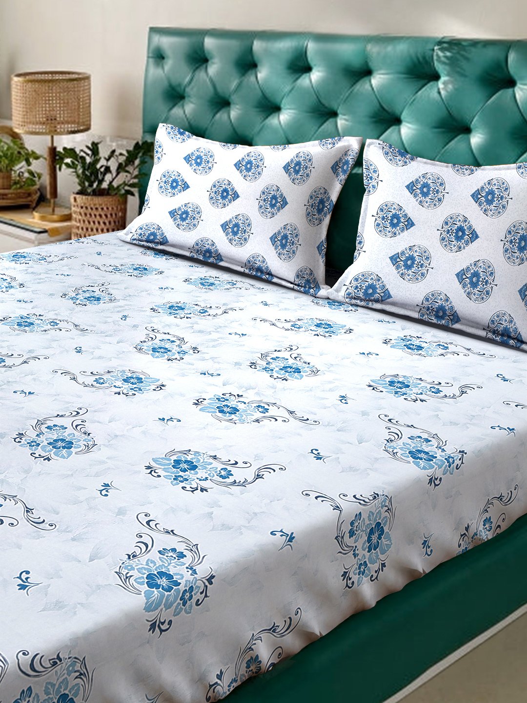 Blue Floral 400 TC Pure Cotton Double Bedsheet with 2 Pillow Covers