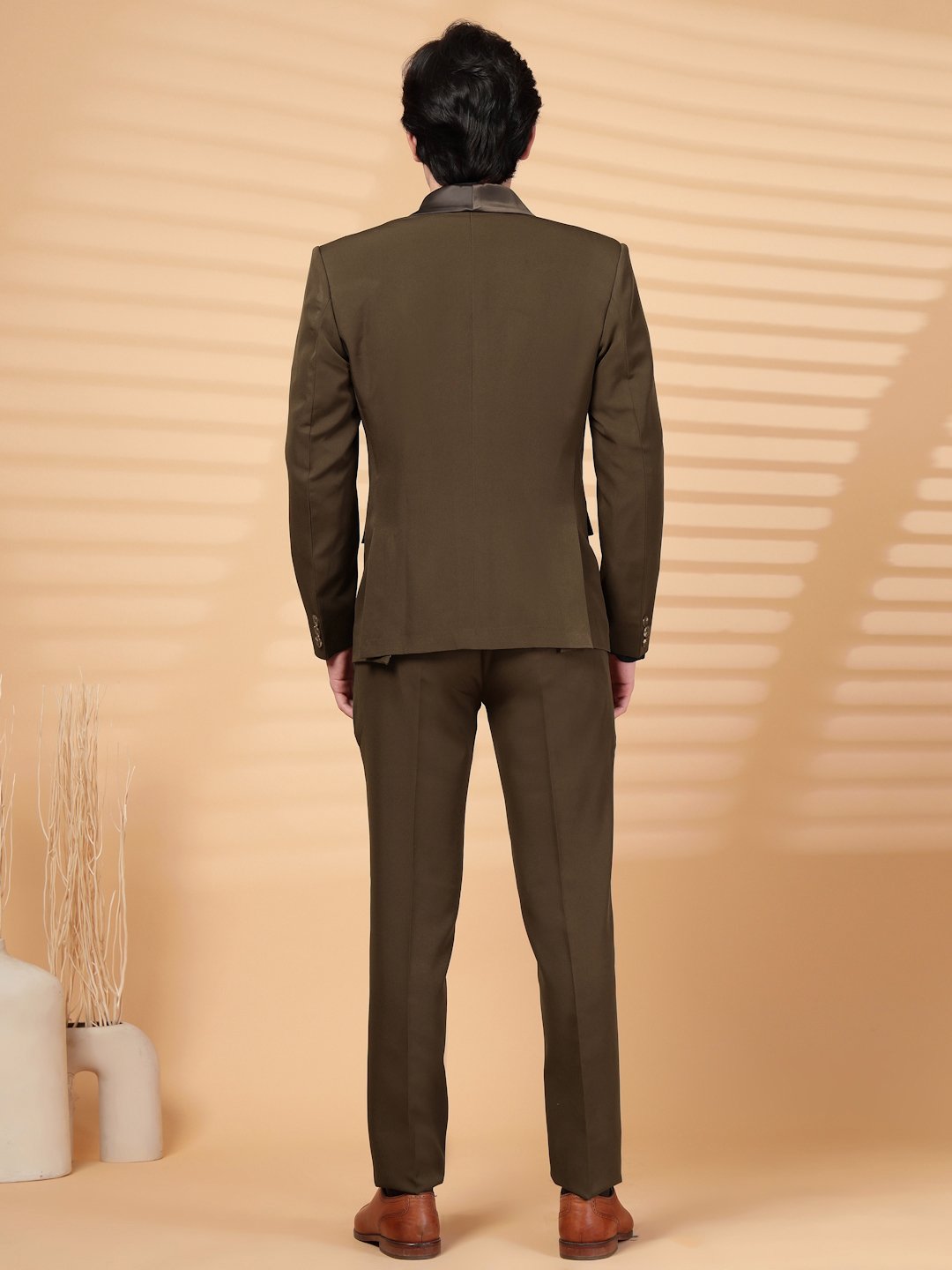 Brown Solid Embroidery Single-Breasted Two-Piece Party Suit