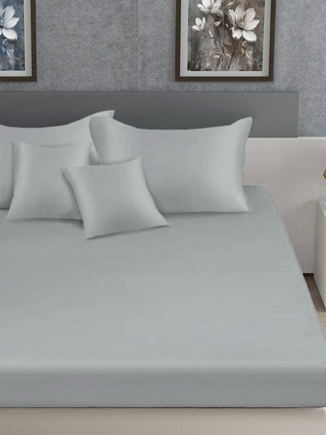 Grey Solid 400 TC Satin Fitted Super King Double Bedsheet with 2 Pillow Covers & 2 Cushion Covers