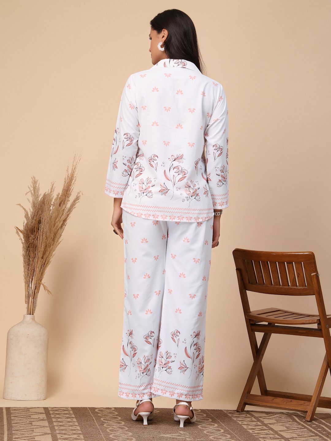 White Cotton Printed Shirt With Trousers Co-Ords Set
